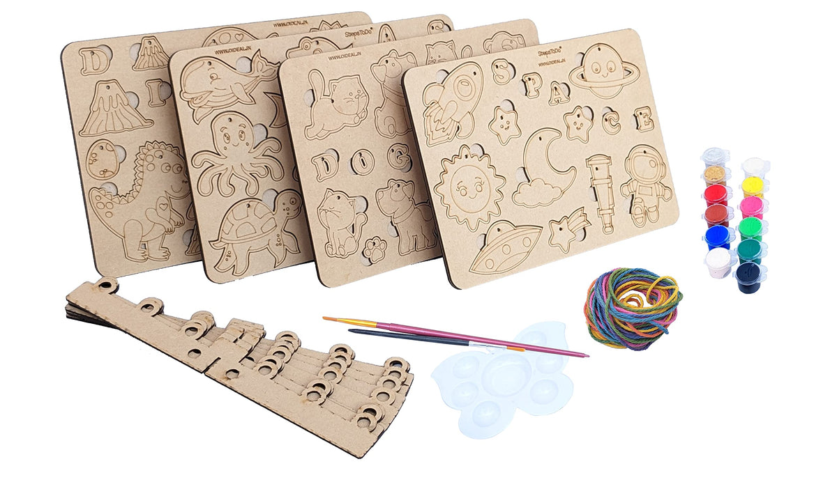 Wooden Painting & Puzzle Kit – 4 Boards: Pets, Sea Life, Dinosaurs & Space