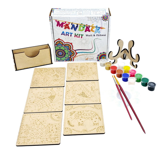 Madhubani Coaster Painting Kit – 6 Coasters, 12 Colours, Holder & Stand