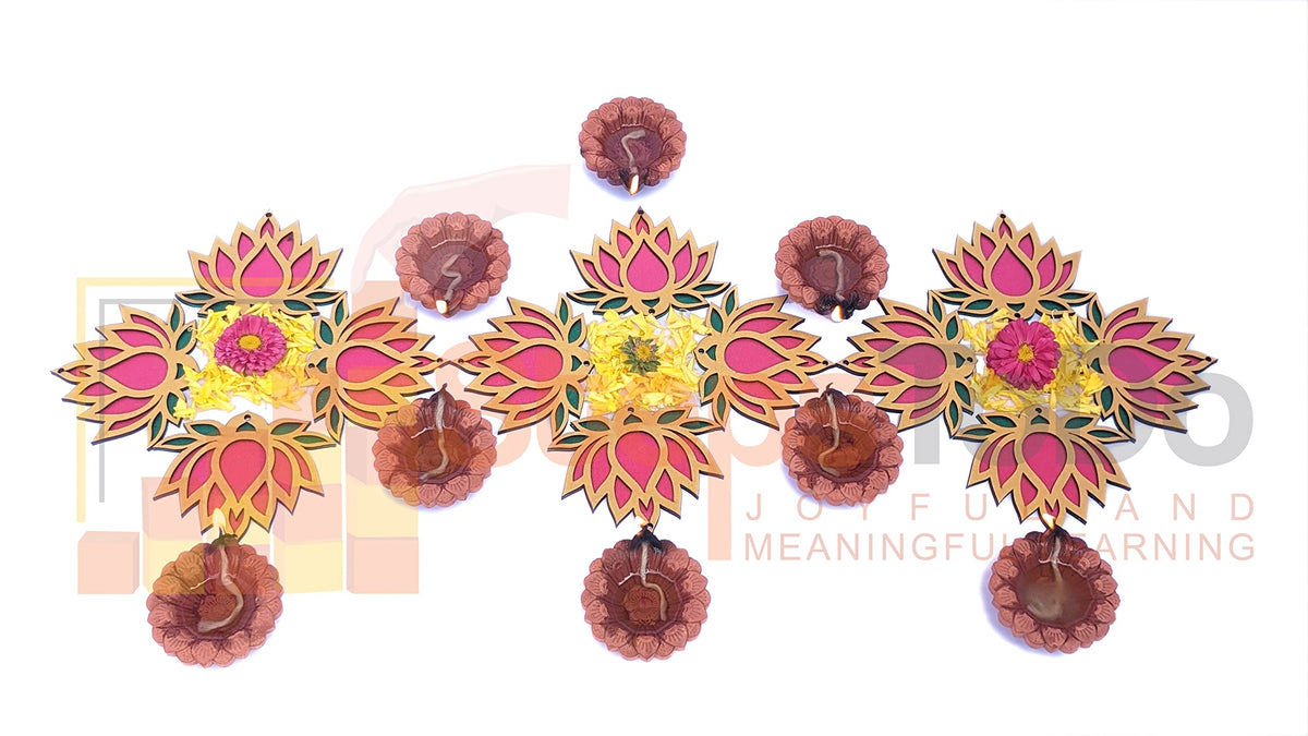 Wooden Lotus Cutouts – Set of 12, Golden, Rose Pink & Green