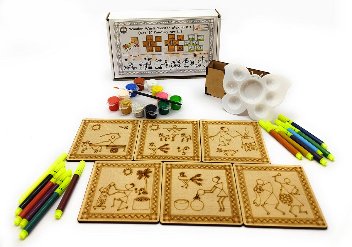 Warli Coaster Painting Kit B – 6 × 4-Inch Bases, Case, Pens & Paints
