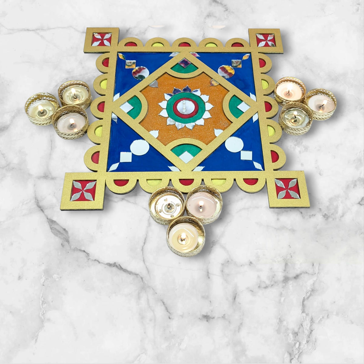 Ready-to-Use Wooden Rangoli Mat with Mirror Work – T438_C