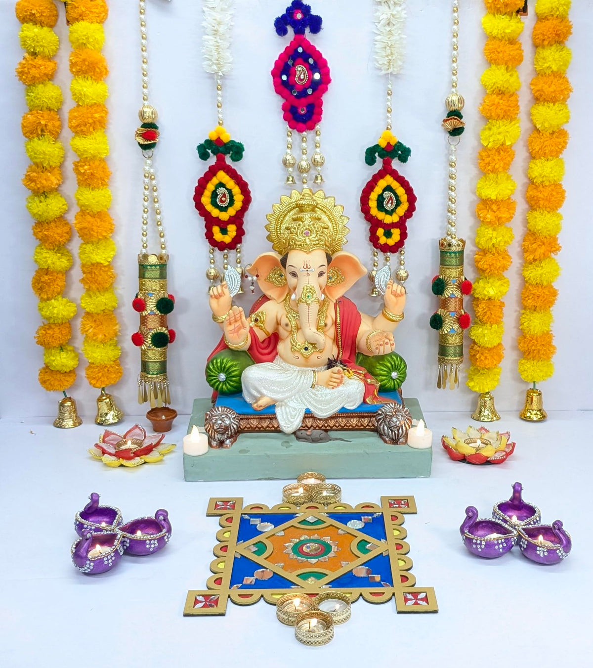 Ready-to-Use Wooden Rangoli Mat with Mirror Work – T438_C