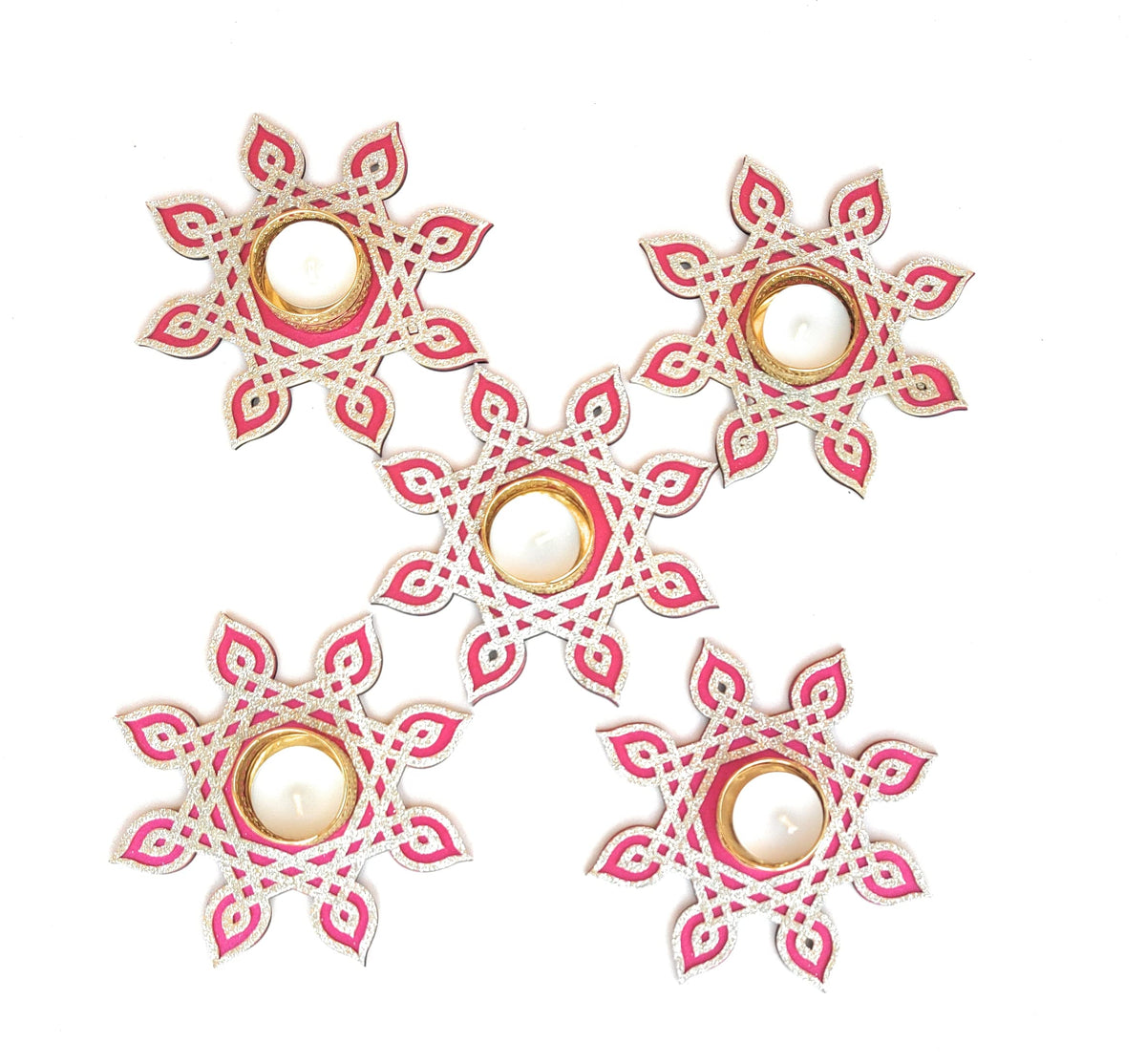 Kolam/Muggu Rangoli Border with Tealight Candle & Golden Holder – Sets of 6 to 24