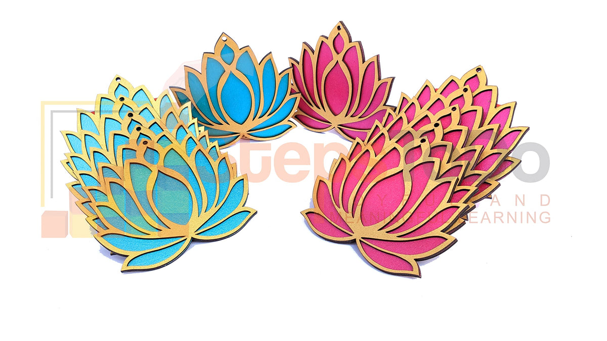 Golden-Framed Wooden Lotus Cutouts – 12 Pieces, 6 Pink & 6 Blue