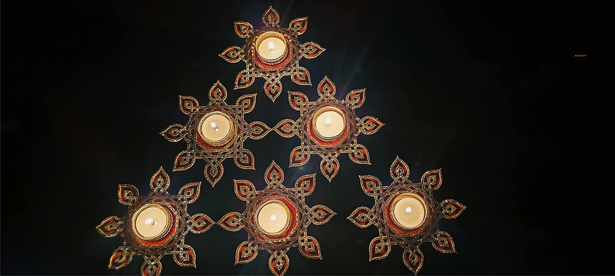 Kolam/Muggu Rangoli Border with Tealight Candle & Golden Holder – Sets of 6 to 24