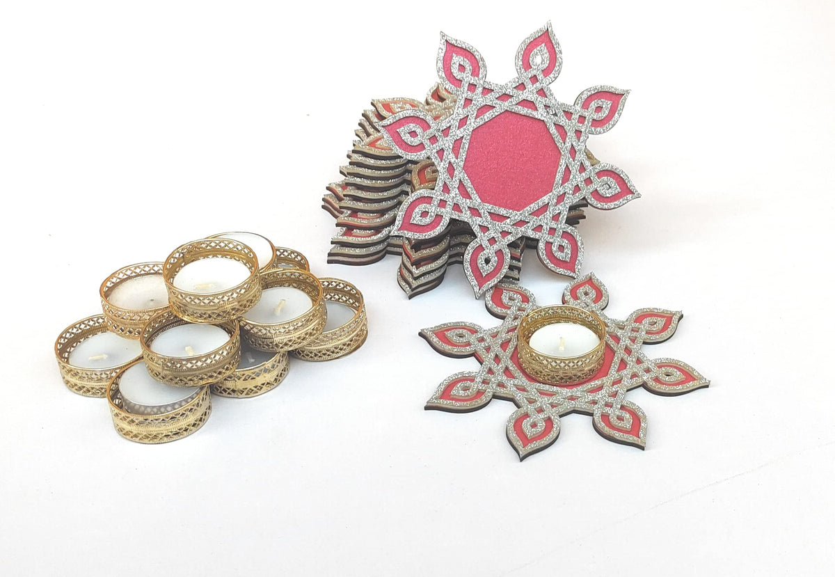 Kolam/Muggu Rangoli Border with Tealight Candle & Golden Holder – Sets of 6 to 24