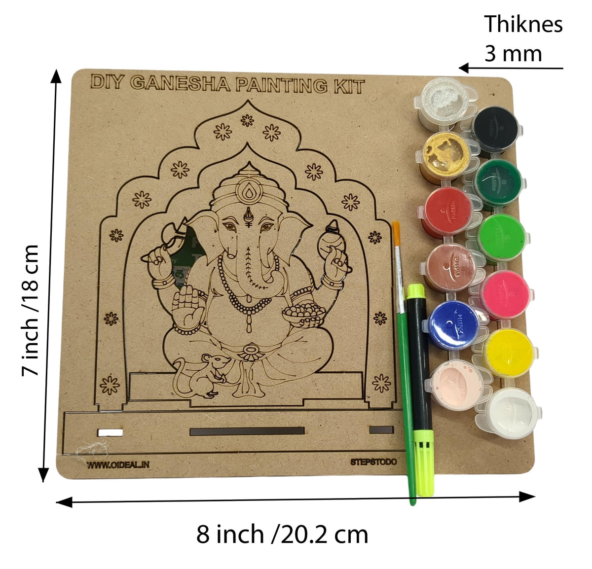 DIY Wooden Ganesha Painting Kit with 12 Tempera Colours & Brush