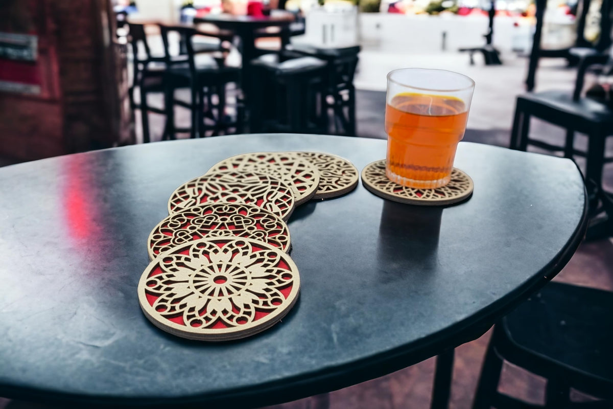 Double-Layer Geometric Mandala Wooden Coasters with Holder – Set of 6