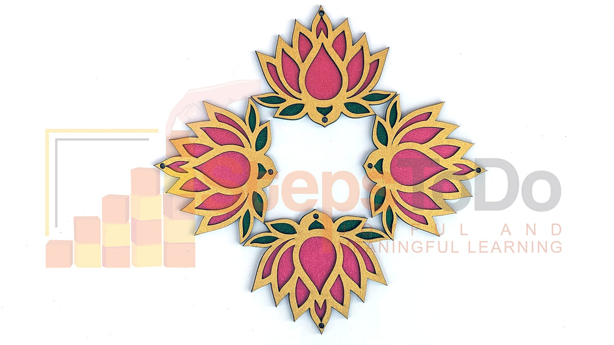 Wooden Lotus Cutouts – Set of 12, Golden, Rose Pink & Green