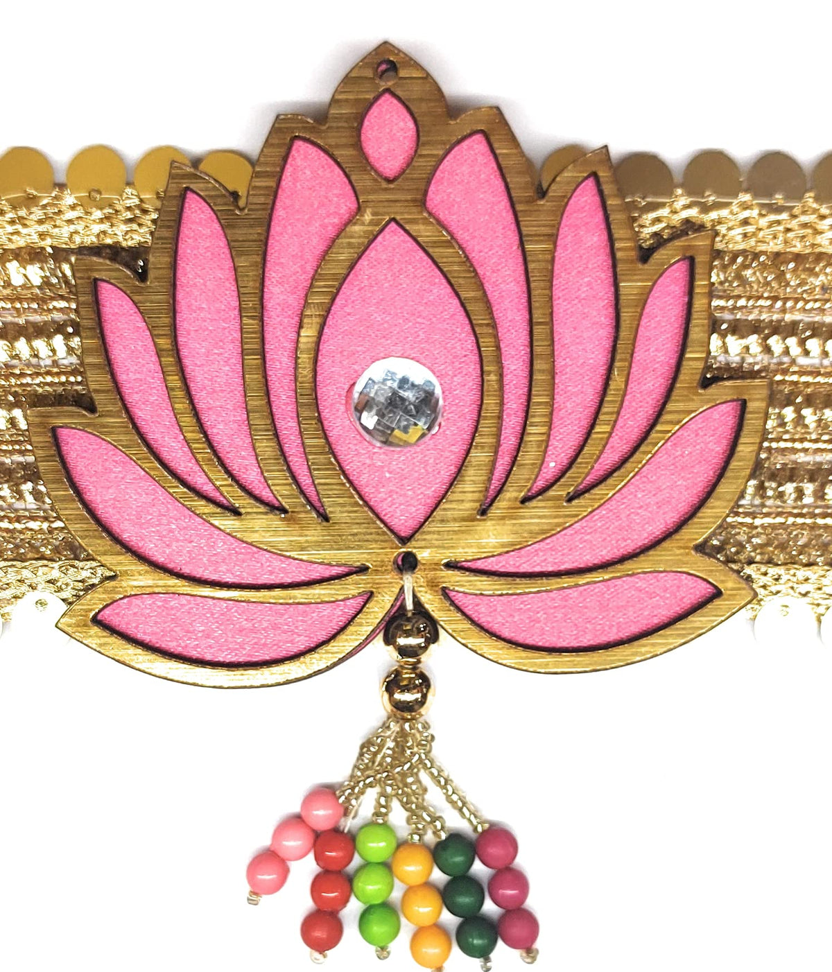 Lotus Toran – 38 Inch, Pink & Golden, Cloth & Wood