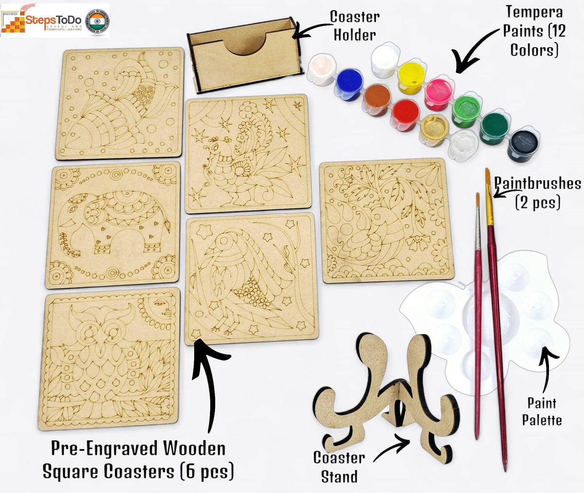 Madhubani Coaster Painting Kit – 6 Coasters, 12 Colours, Holder & Stand