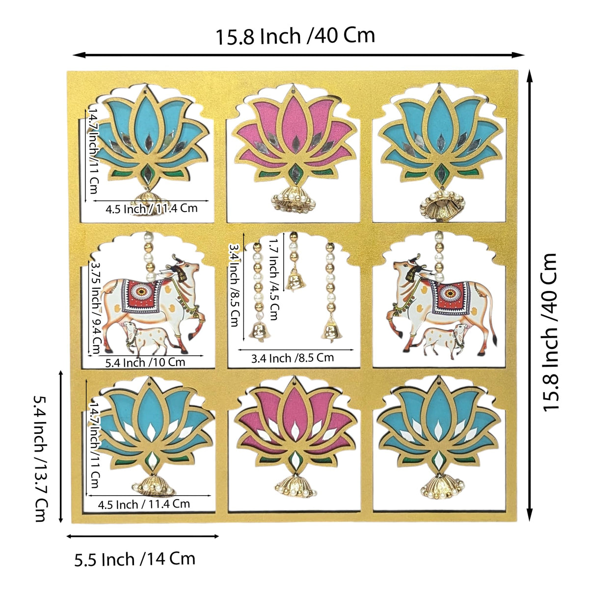 Hand-Painted Pichwai Jharokha with Lotus, Cow & Calf – 18 Inch, Mirror Work
