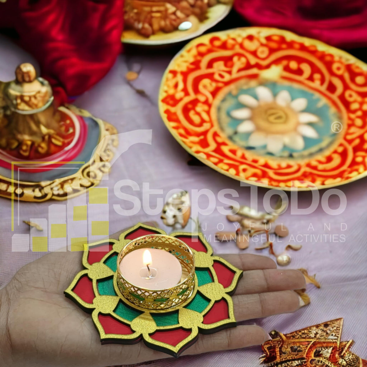 Hand-Painted Wooden Tealight Holder (Diya Stand) – Type 3