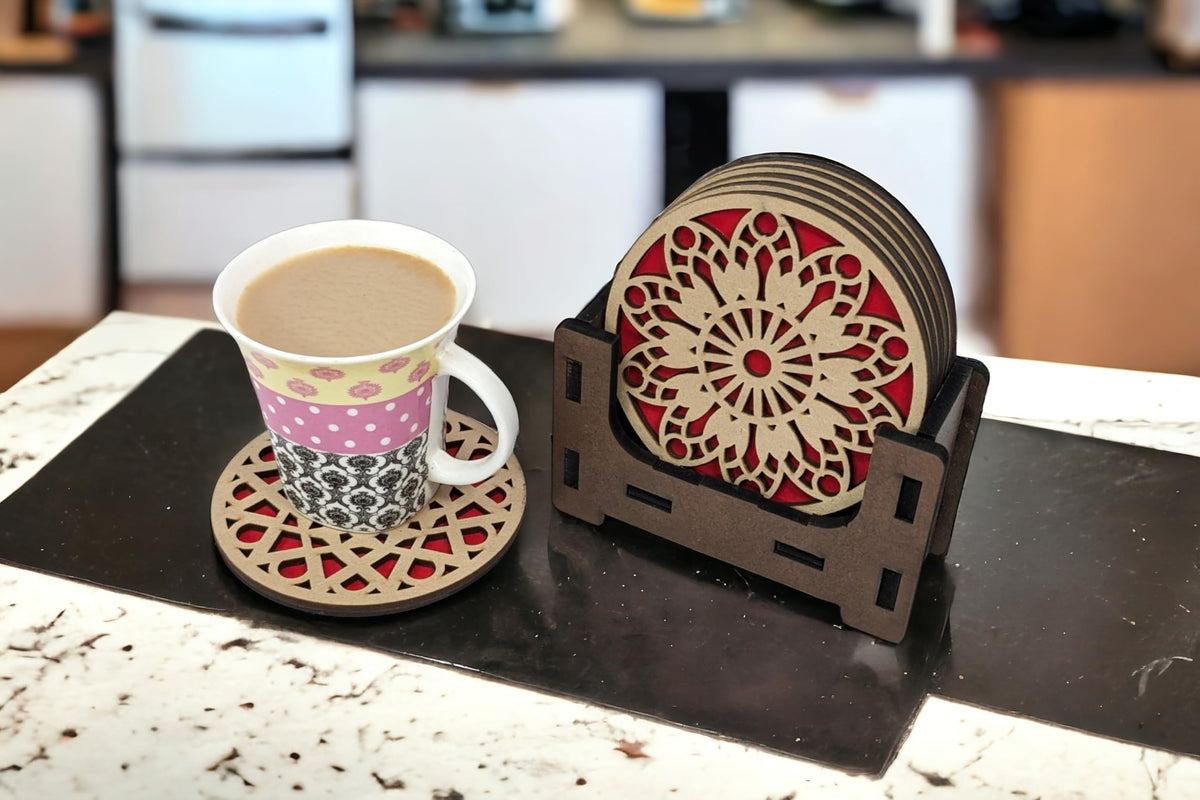 Double-Layer Geometric Mandala Wooden Coasters with Holder – Set of 6