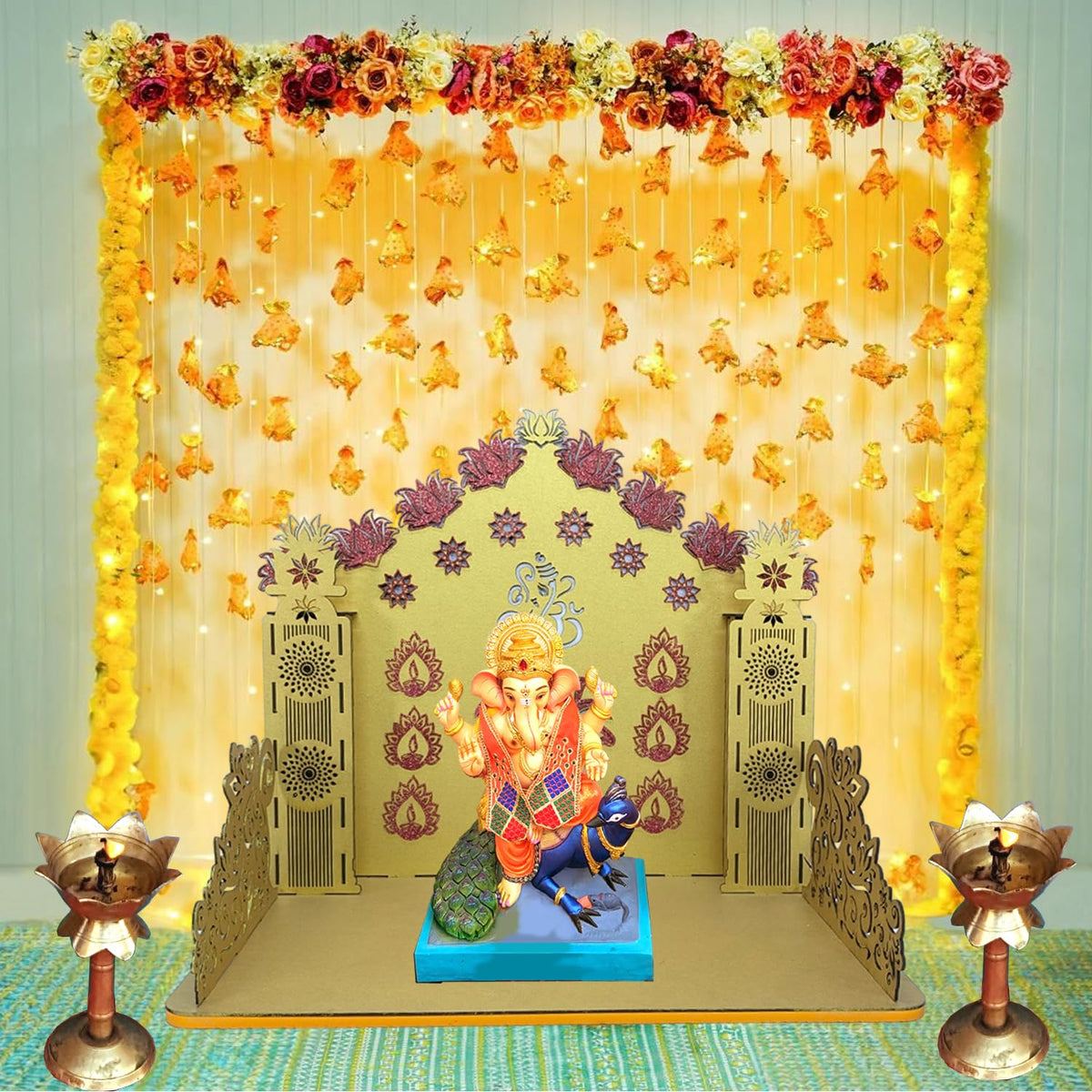 Golden Ganpati Makhar with Glitter Lotus Wooden Singhasan