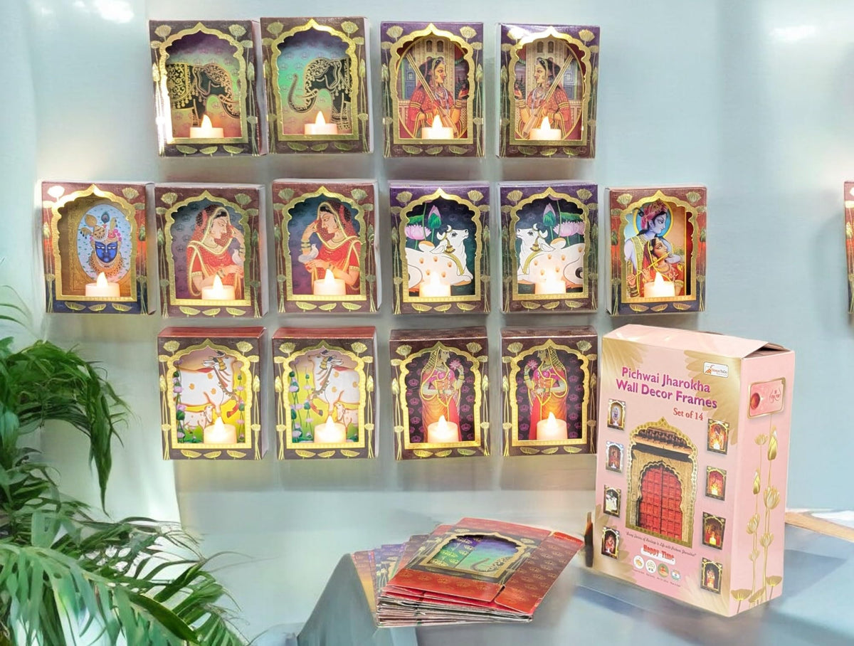 Pichwai Jharokha Wall Décor Box Frames with LED Candle – Pack of 16
