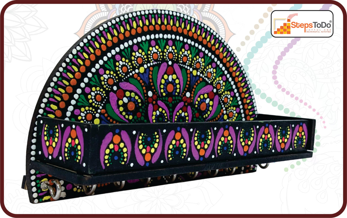 Dot Mandala Painting Kit – 8 Pieces: 6 Keychains, 10-Hook Holder & Organiser