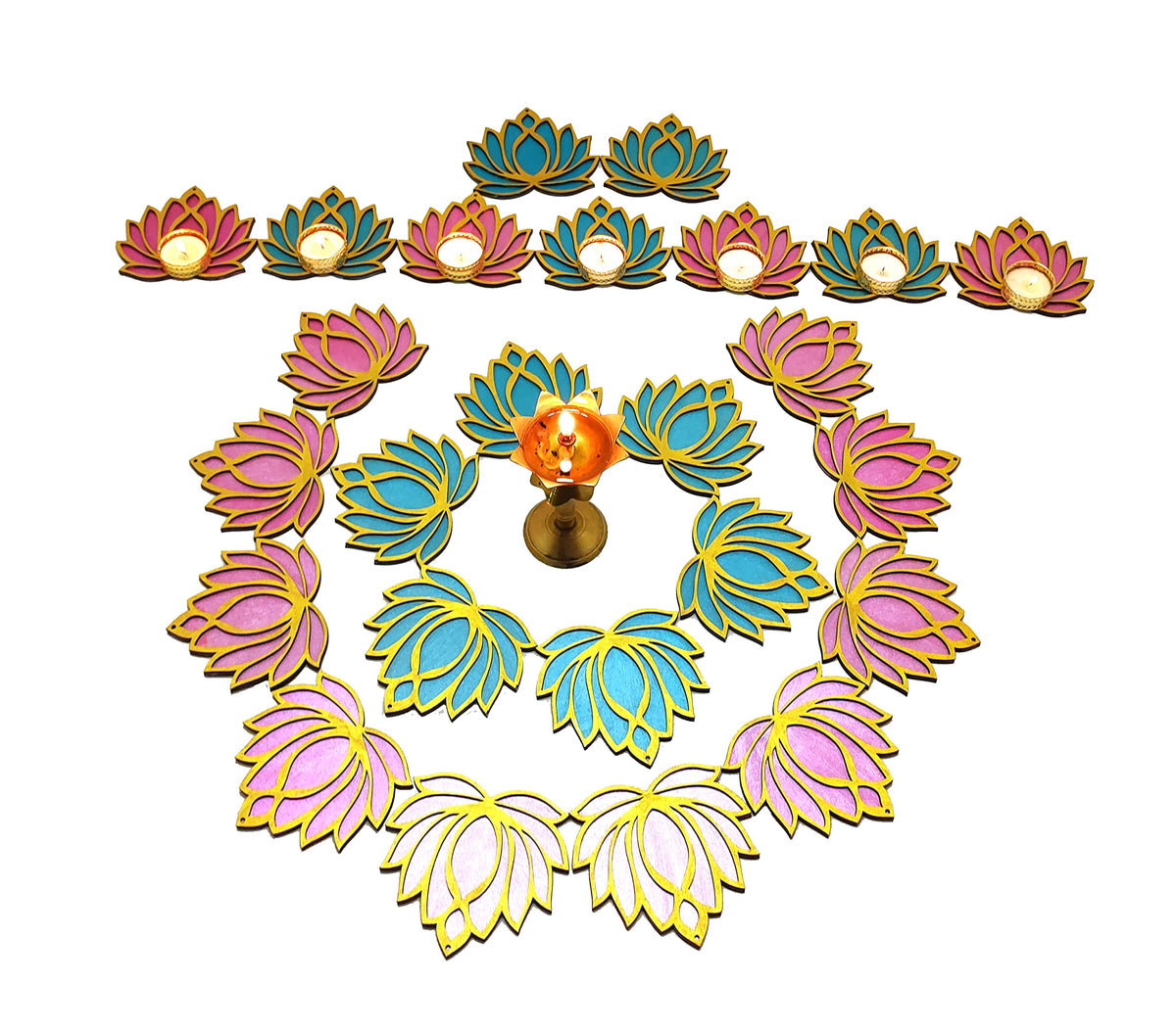 Wooden Lotus Cutouts – Set of 6, Golden & Rose Pink