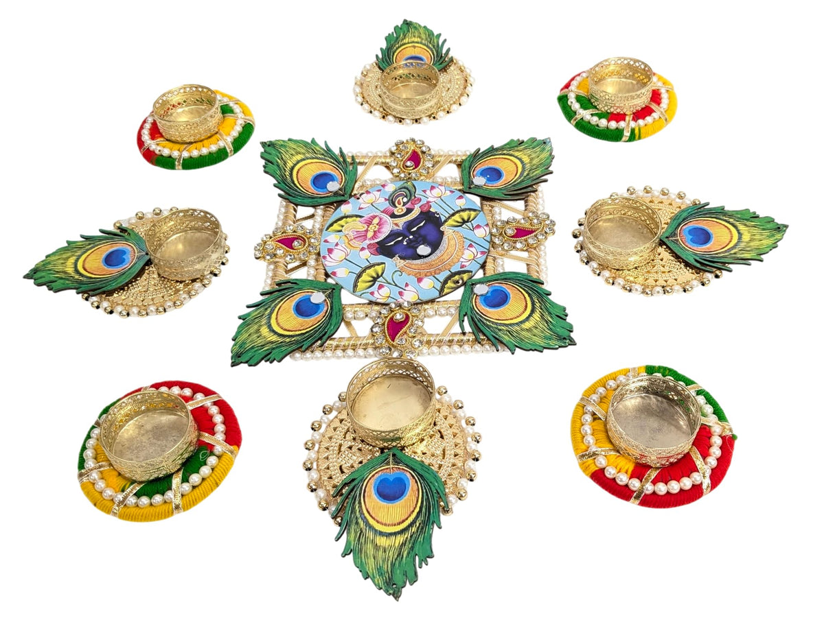 Shreenathji MDF Rangoli Set with Peacock Feather & Tealights – 9 Pieces