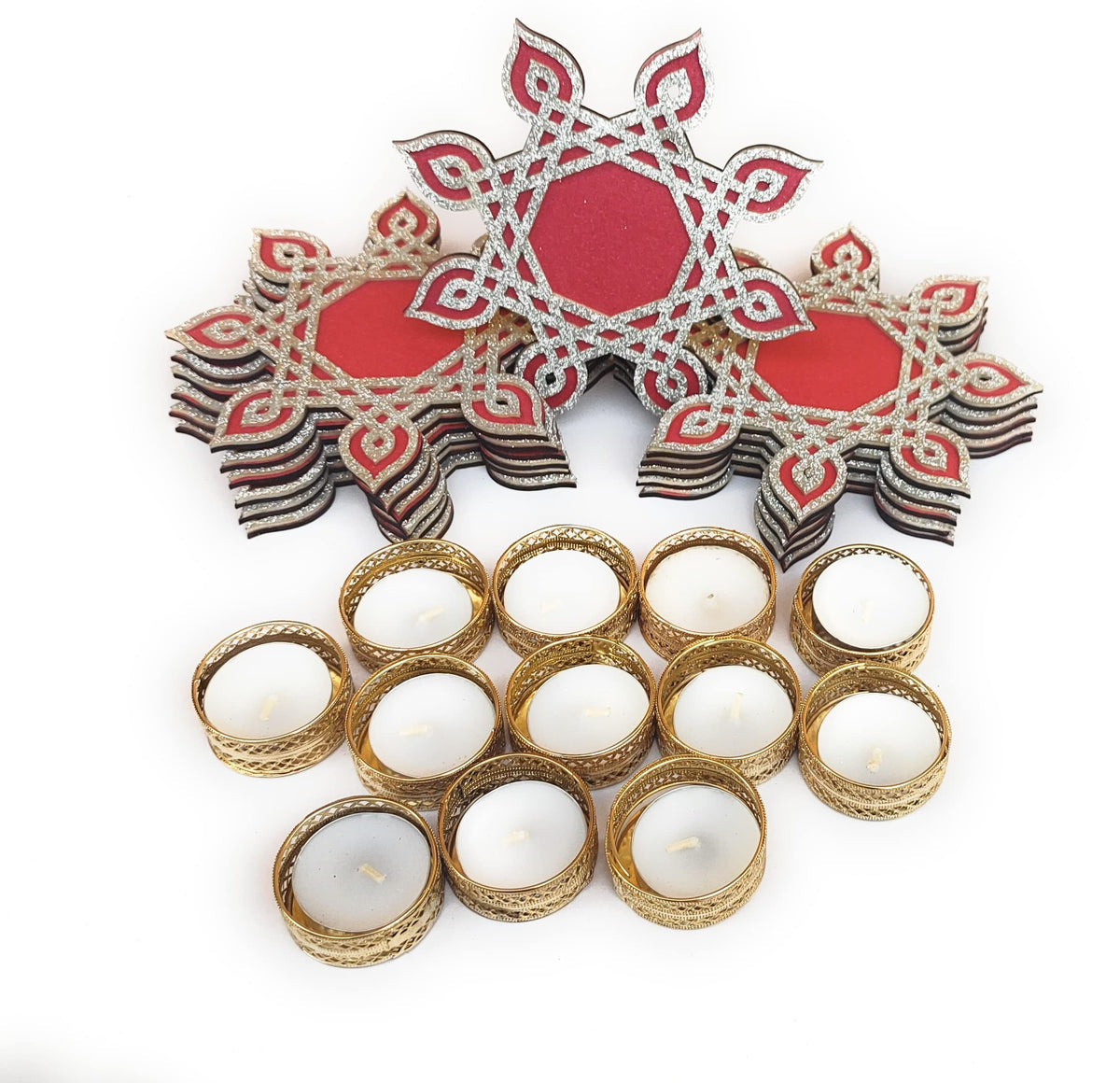 Kolam muggu rangoli border with tealight candle and golden holder