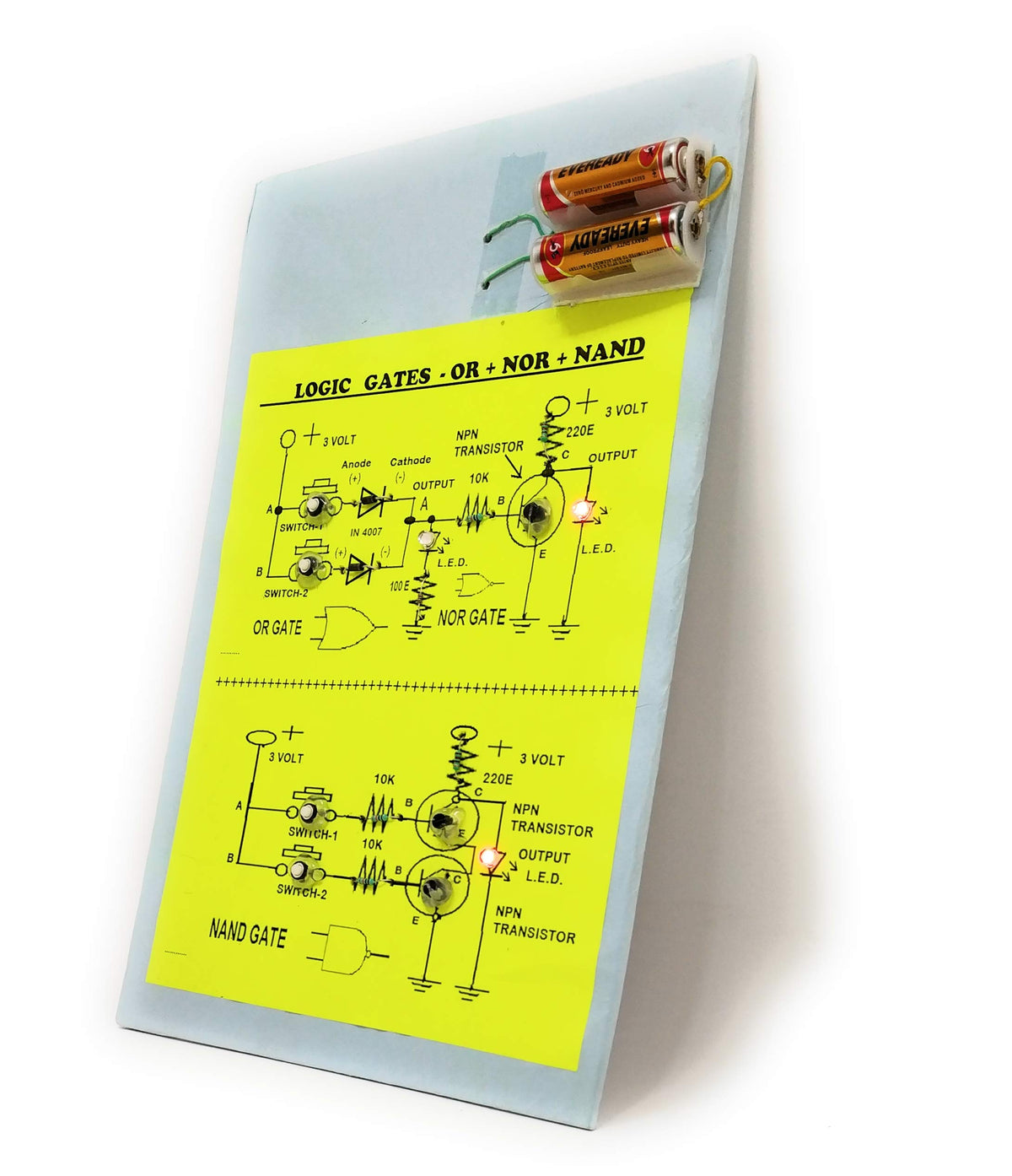 Pre-assembled OR, NOR and NAND logic gates on cardboard