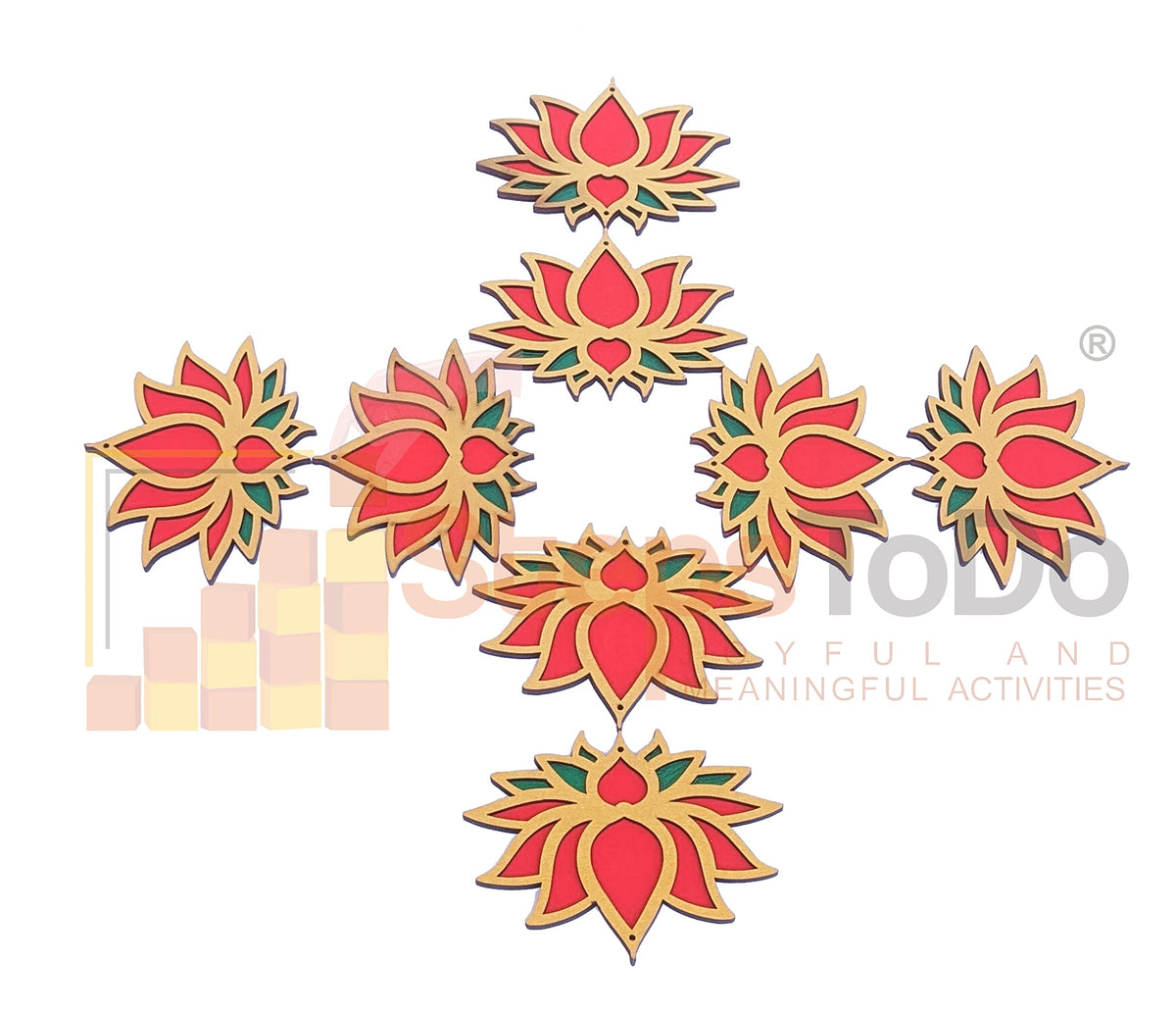 Wooden Lotus Cutouts – Set of 12, Golden, Bright Red & Green