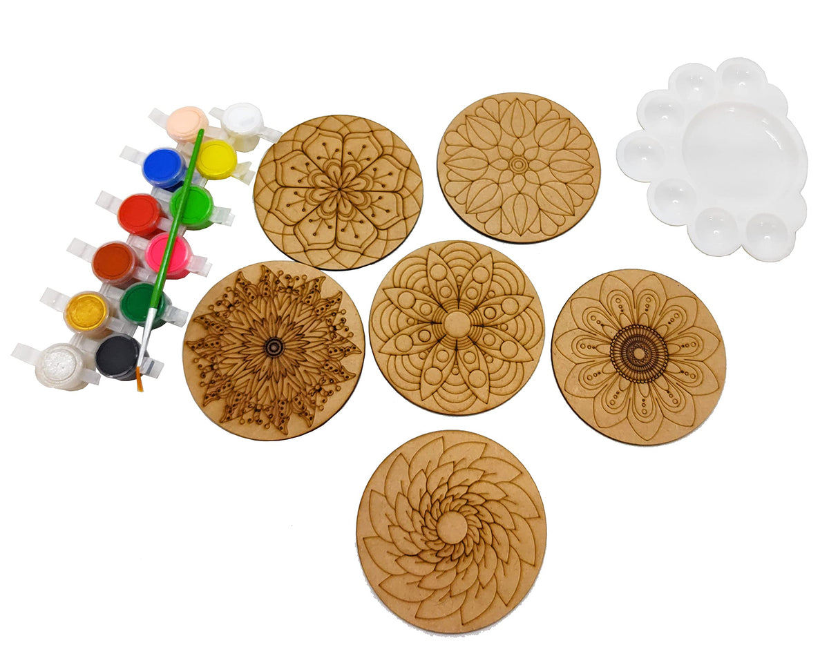 Mandala Coaster Painting Kit A – 6 × 4-Inch Bases, Case, Paints & Stand