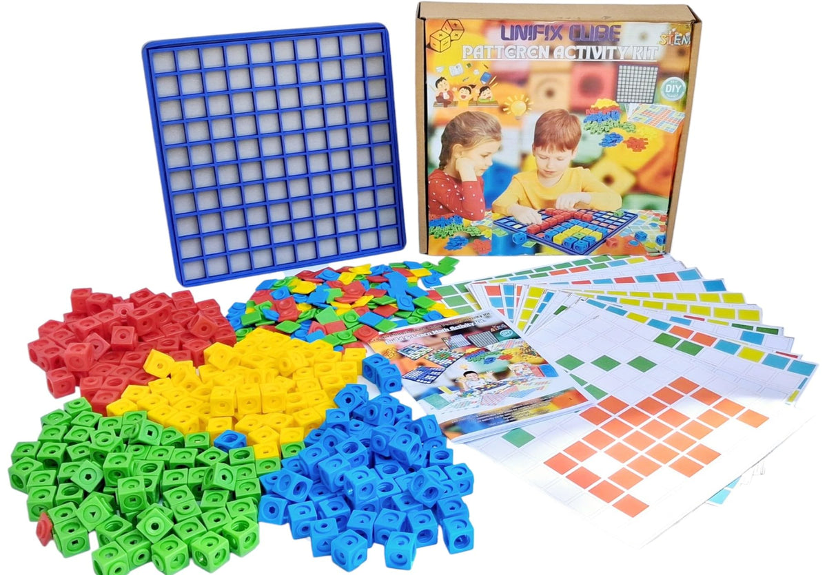 Interlocking cube pattern kit with cubes, face plates and mats