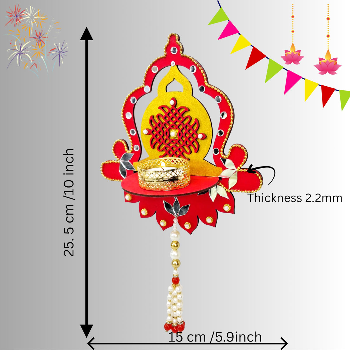 Hand-Painted Diya Jharokha – Red & Yellow, Mirror Work & Pearl Hanging