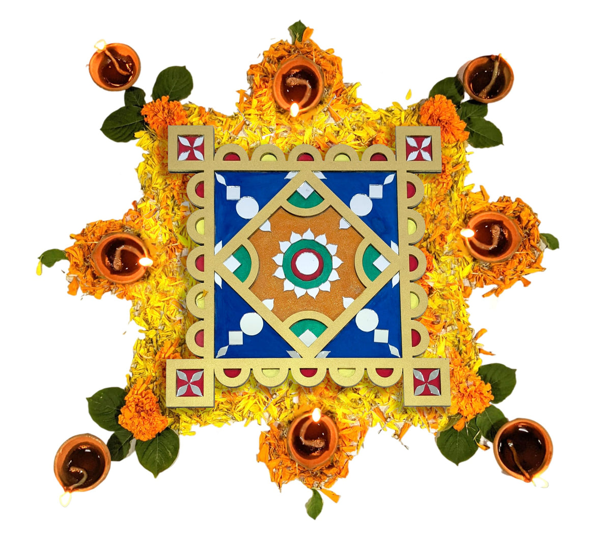 Ready-to-Use Wooden Rangoli Mat with Mirror Work – T438_C