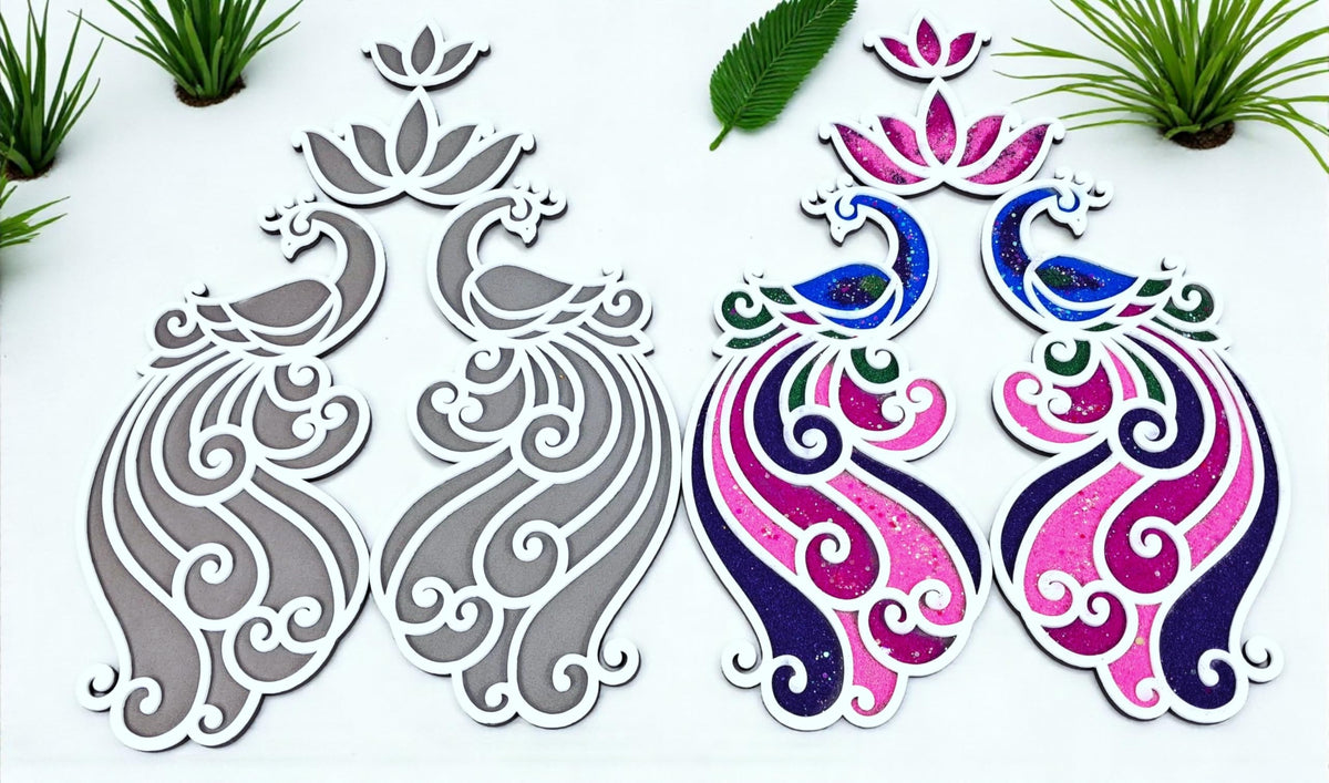 Floating Rangoli Set of 8 – Peacocks, Lotus, Diyas & Laxmi Foot Mats (Reusable)