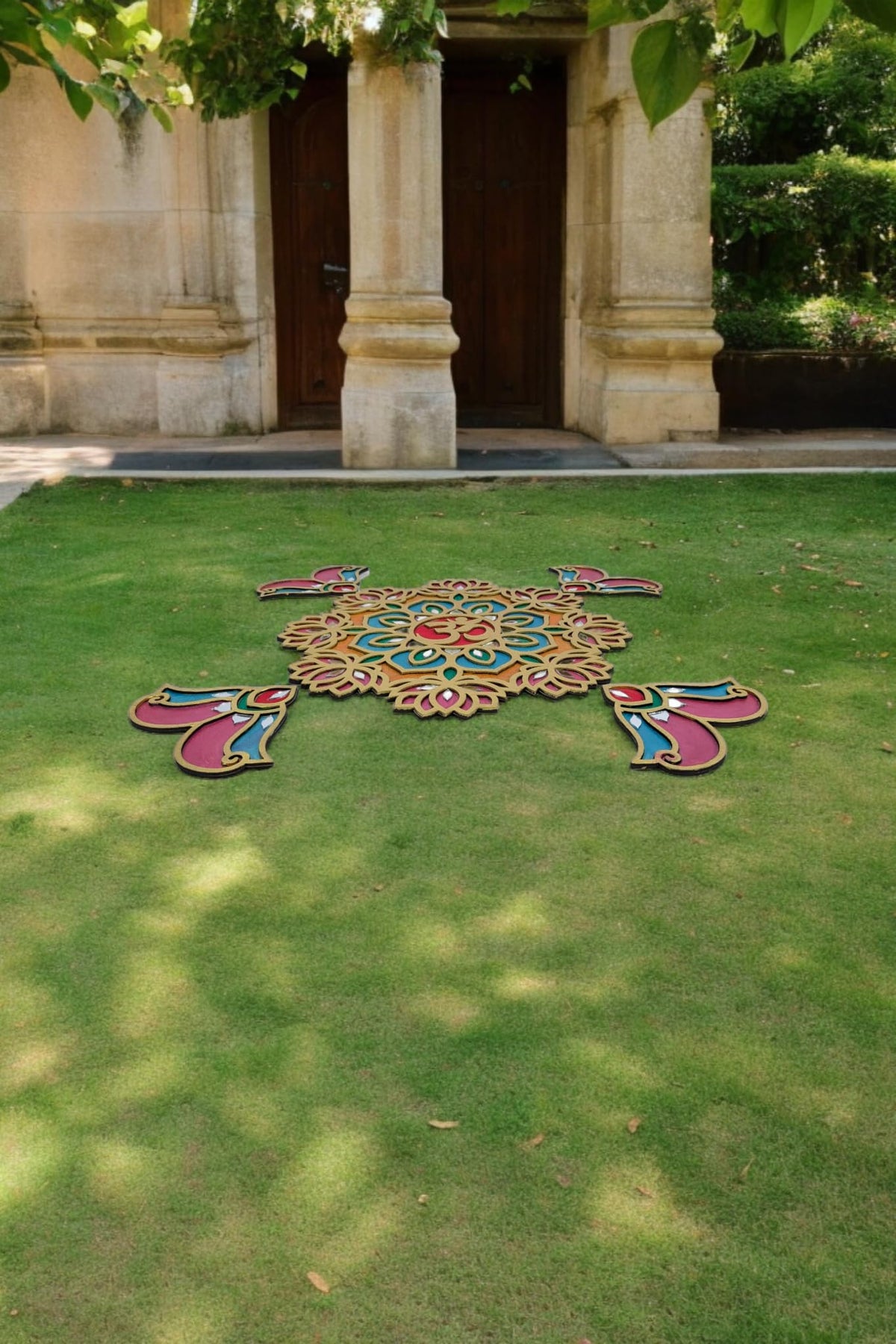 Ready-to-Use Wooden Rangoli Mat with Mirror Work – T438_D