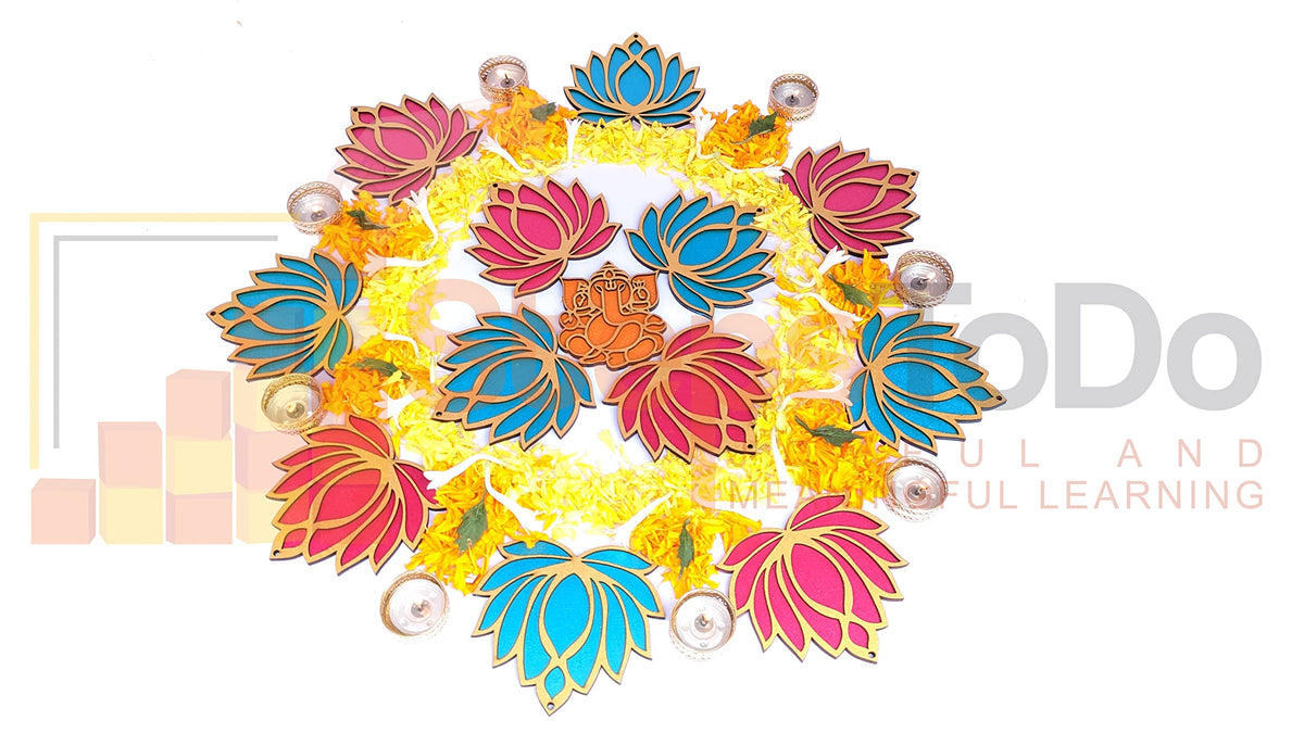 Golden-Framed Wooden Lotus Cutouts – 12 Pieces, 6 Pink & 6 Blue