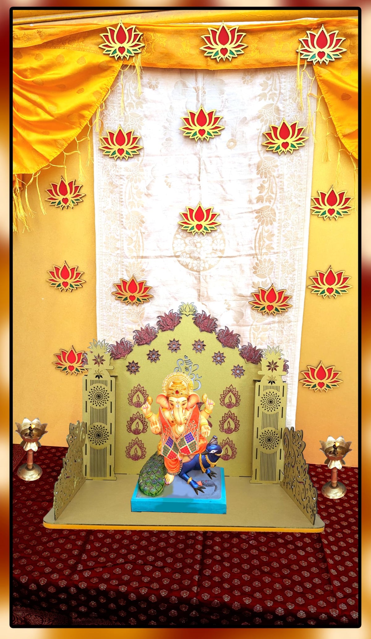 Golden Ganpati Makhar with Glitter Lotus Wooden Singhasan