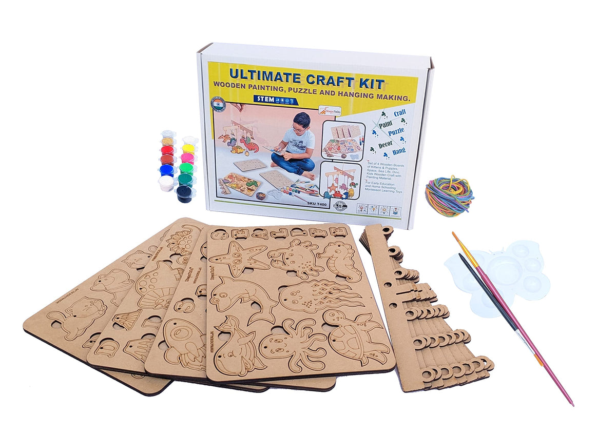 Wooden Painting & Puzzle Kit – 4 Boards: Pets, Sea Life, Dinosaurs & Space