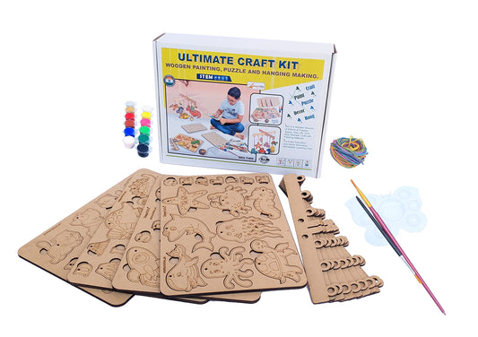 Wooden painting and puzzle kit with four themed boards