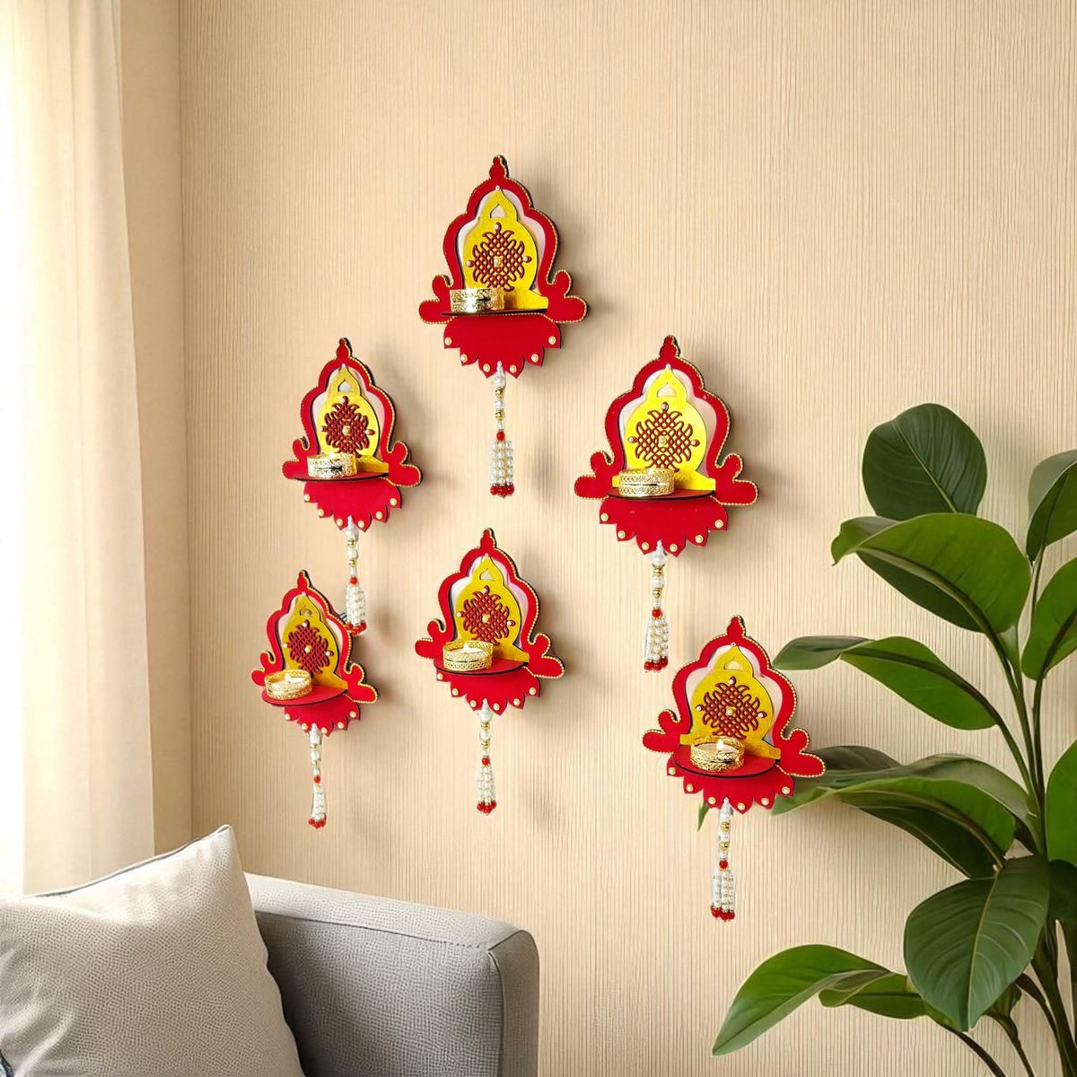 Hand-Painted Diya Jharokha – Red & Yellow, Mirror Work & Pearl Hanging