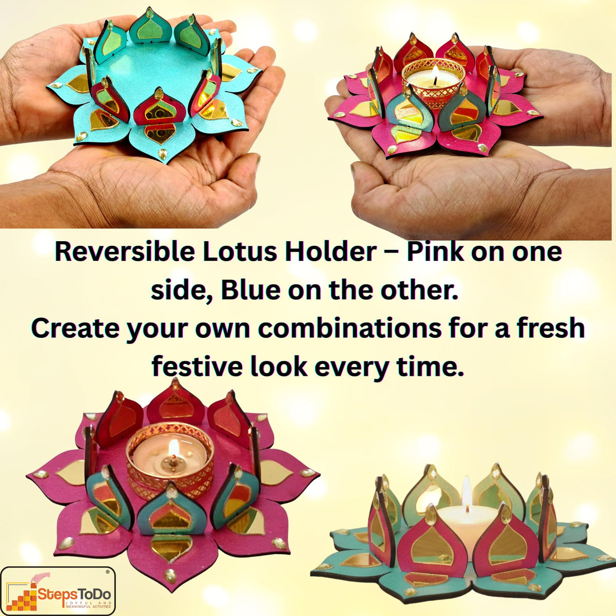 Reversible Wooden Lotus Tealight Holders – Set of 2, Pink & Ocean Blue