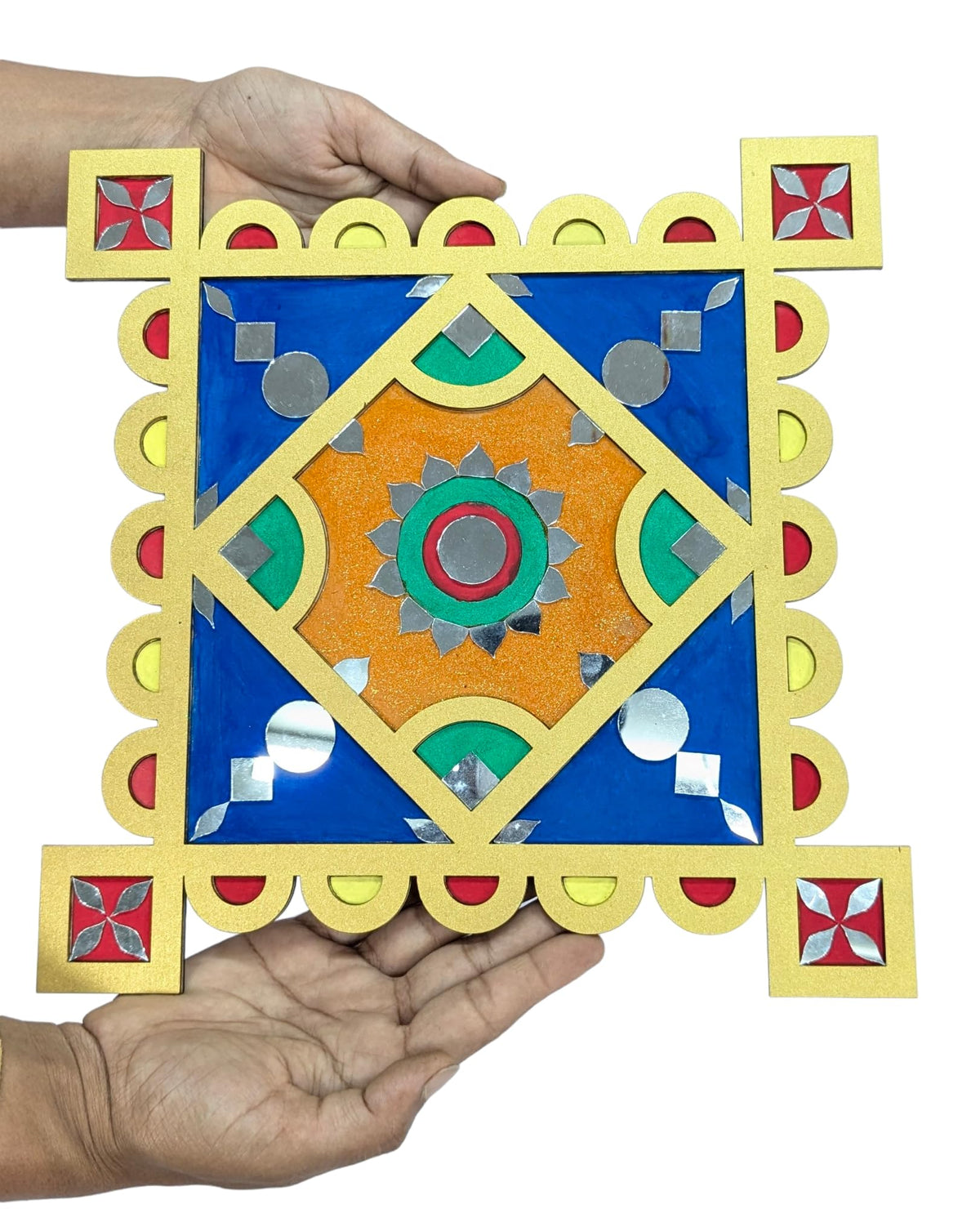 Ready-to-Use Wooden Rangoli Mat with Mirror Work – T438_C
