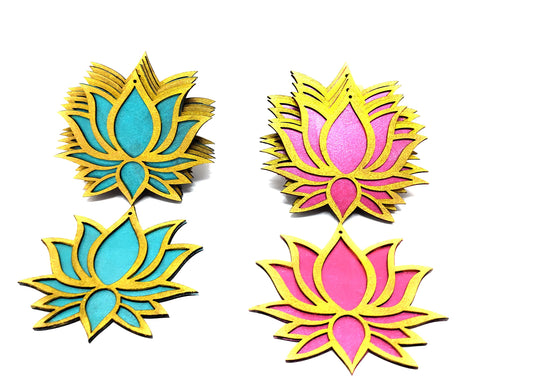 Golden-framed wooden lotus cutouts, 6 rose pink and 6 ocean blue