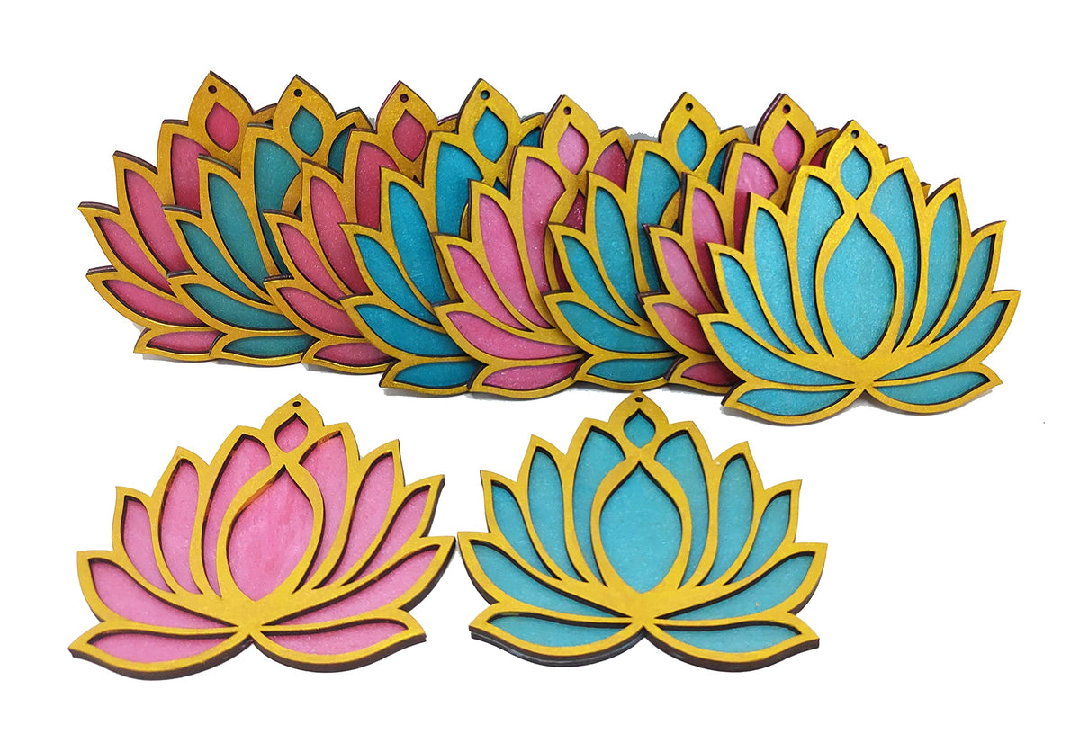 Golden-Framed Wooden Lotus Cutouts – 12 Pieces, 6 Pink & 6 Blue