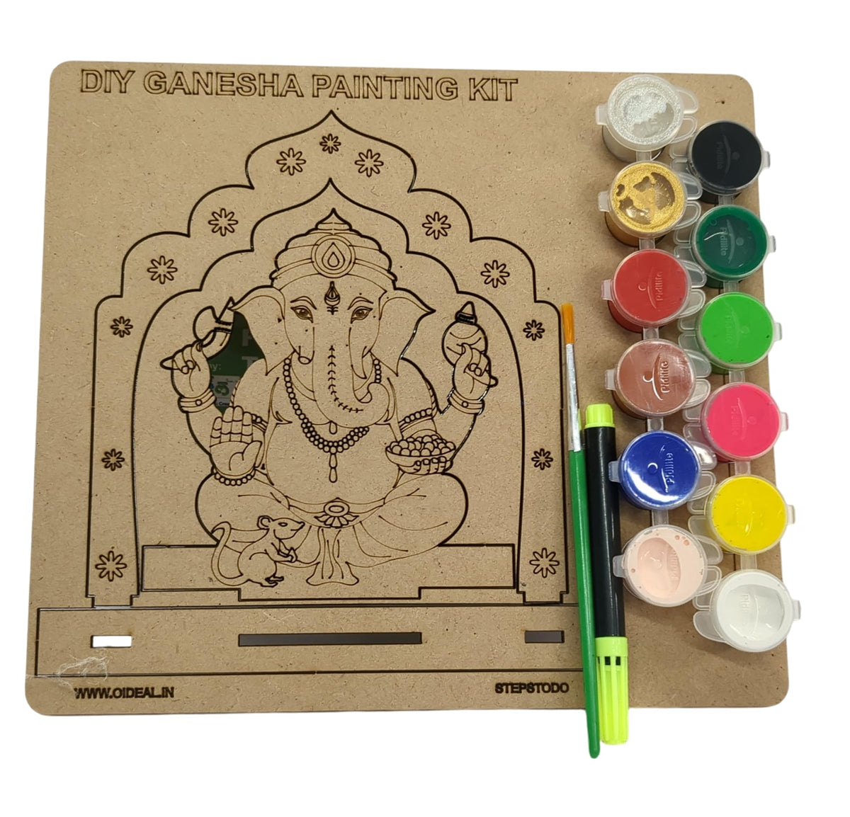 DIY Wooden Ganesha Painting Kit with 12 Tempera Colours & Brush
