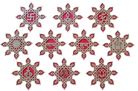 Kolam/Muggu Décor – Set of 16, 4 Inch, Rose Pink & Silver