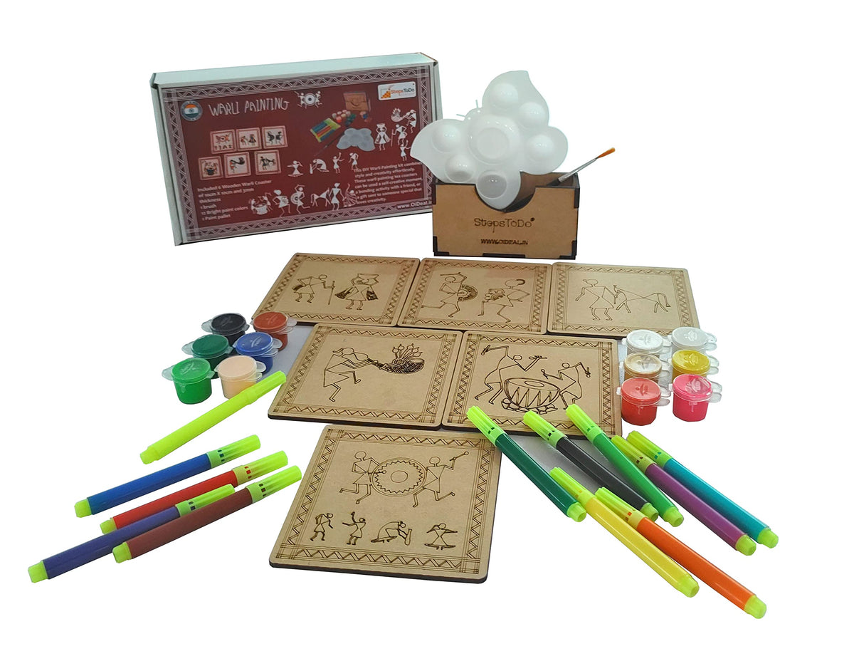 Warli Coaster Painting Kit A – 6 × 4-Inch Bases, Case, Pens & Paints