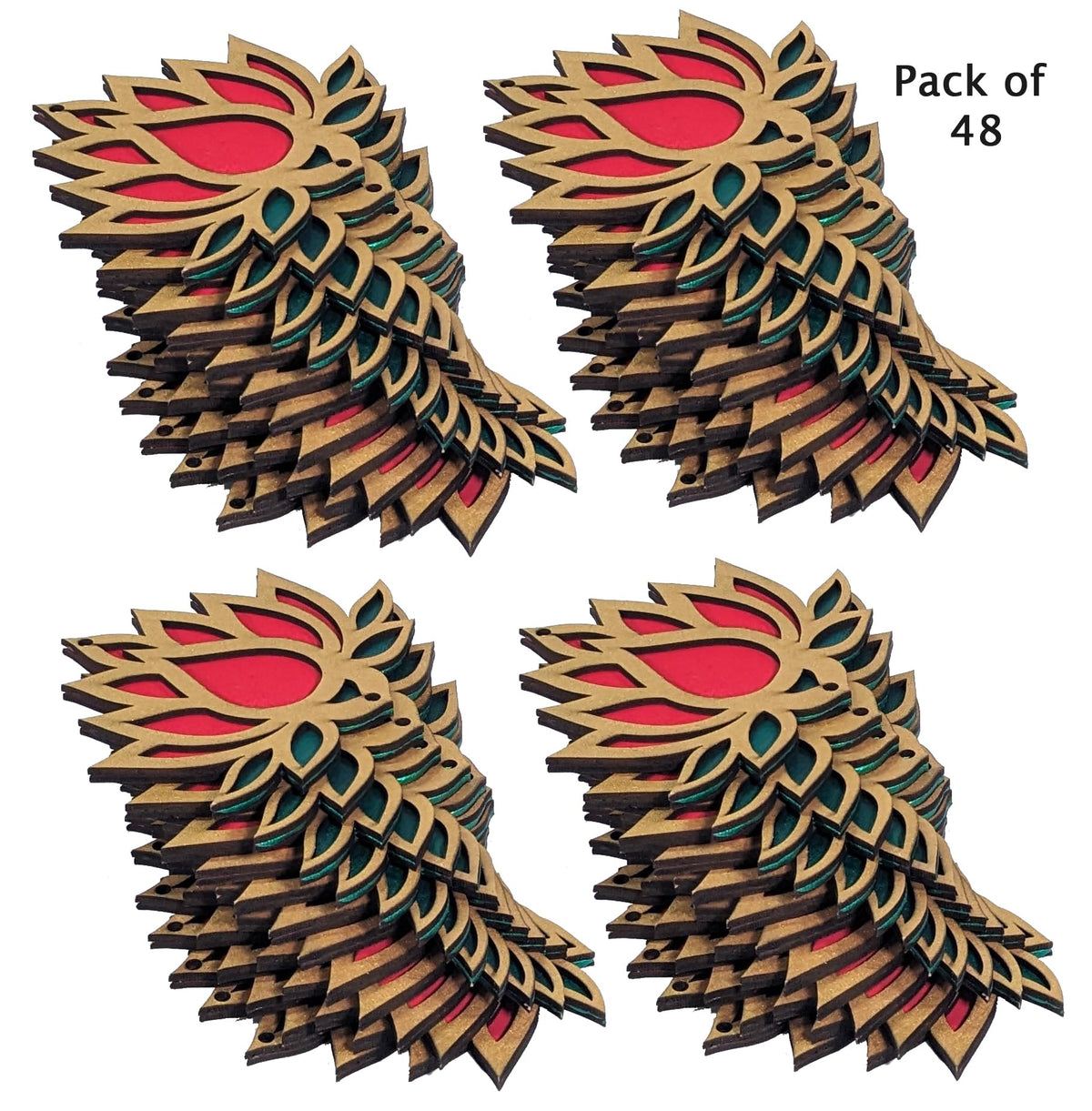 Wooden Lotus Rangoli Cutouts – Golden & Bright Red