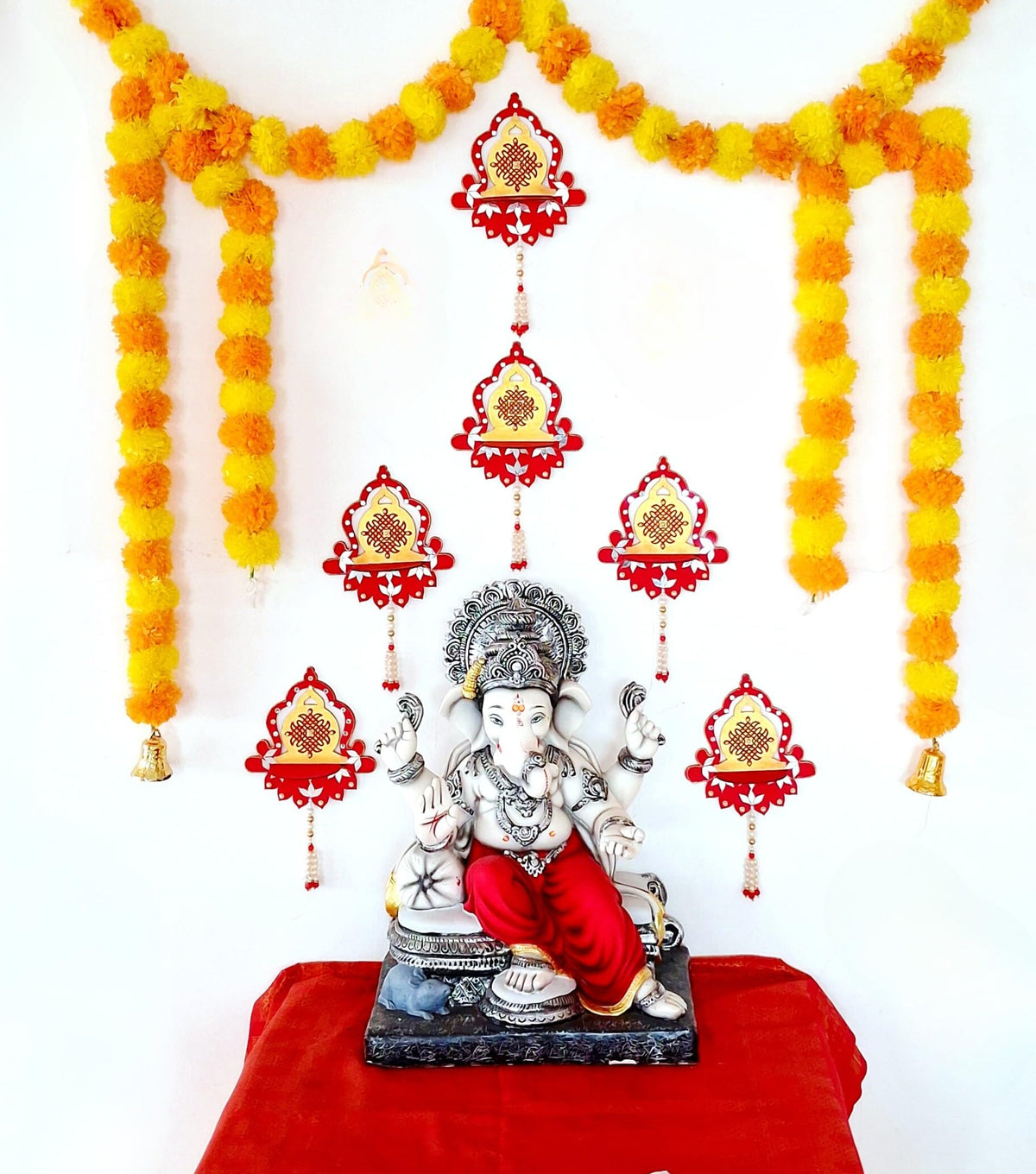 Hand-Painted Diya Jharokha – Red & Yellow, Mirror Work & Pearl Hanging