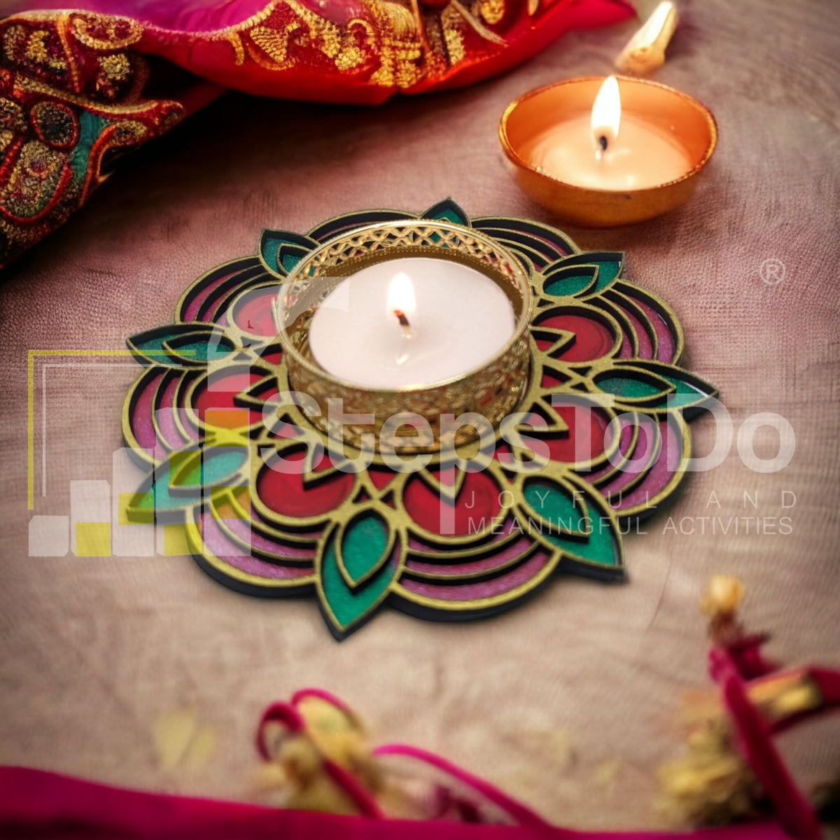 Hand-Painted Wooden Tealight Holder (Diya Stand) – Type 2, 4 Inch