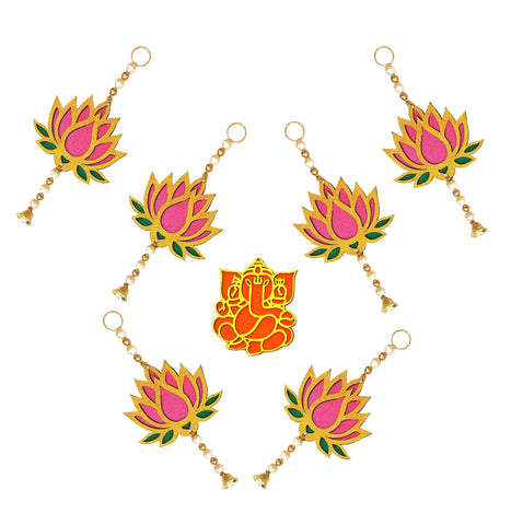 StepsToDo Pink and Green Wooden Lotus Handcrafted Hanging Wall Decoration. Hand Painted Lotus Decorative Hanging Latakans Diwali, Dashera, Pooja, Festival Gift, Wedding Decorations.
