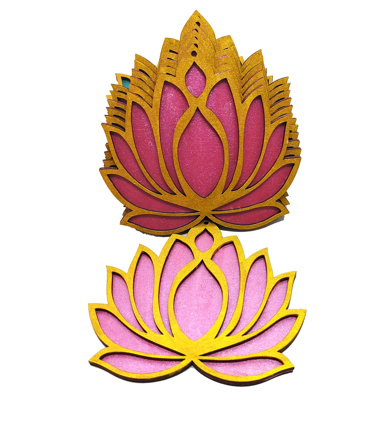 Wooden Lotus Cutouts – Set of 6, Golden & Rose Pink