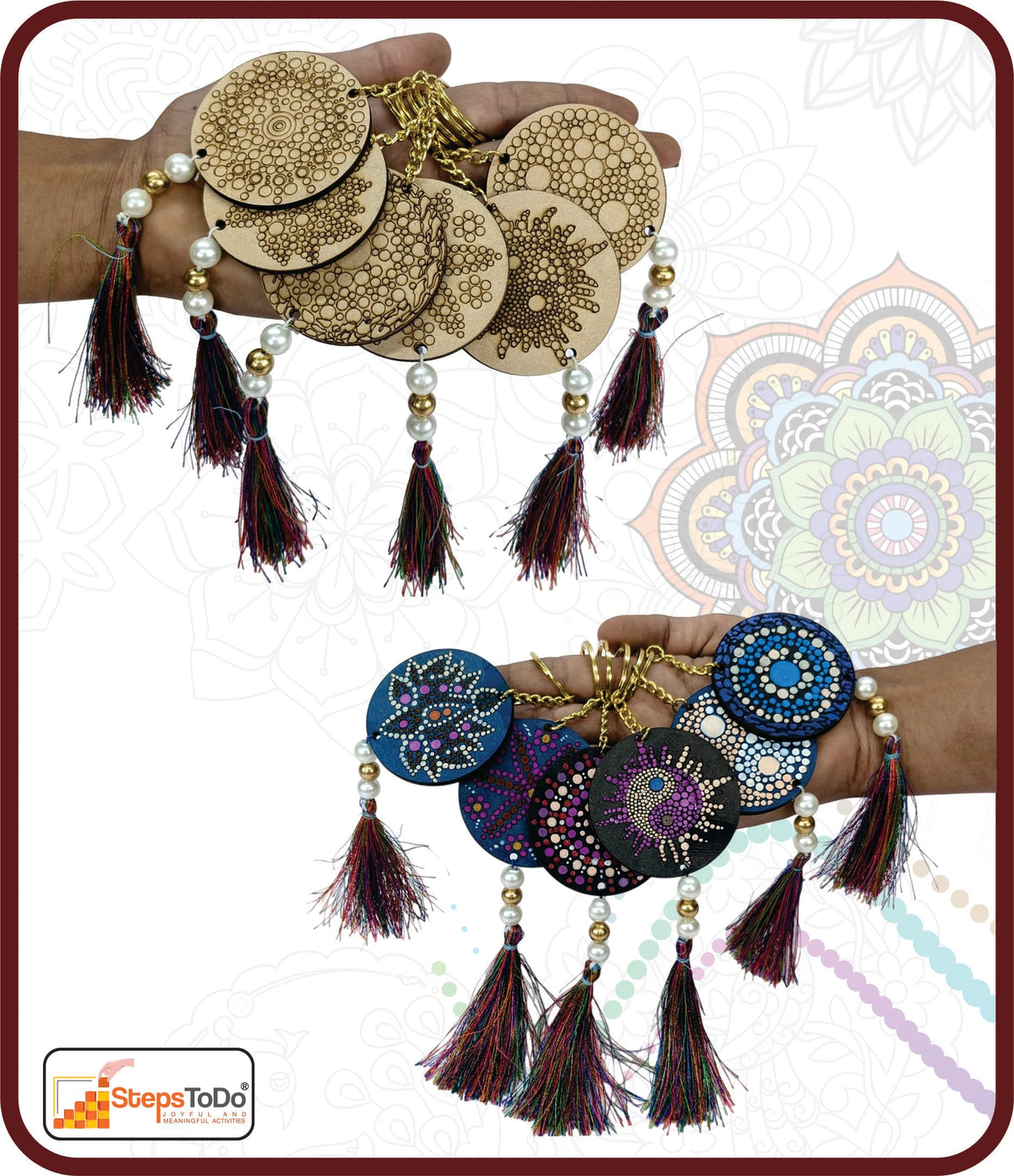 Dot Mandala Painting Kit – 8 Pieces: 6 Keychains, 10-Hook Holder & Organiser
